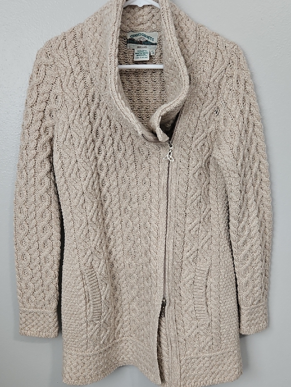 Aran Crafts Beige Cream Cable-Knit Asymmetric Zip Cardigan Merrino Wool